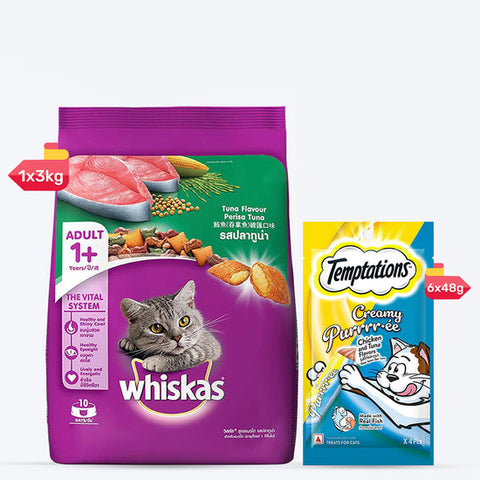 Whiskas & Temptations Adult Cat Food & Treats Combo - Pack of 2