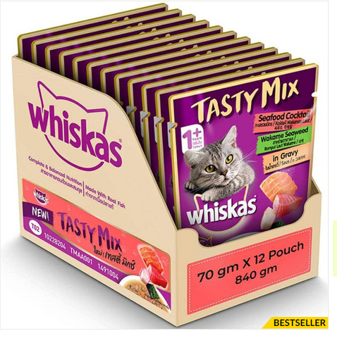 Whiskas Seafood Cocktail With Wakame Seaweed in Gravy Tasty Mix Adult Cat Wet Food - 70g Packs