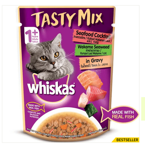 Whiskas Seafood Cocktail With Wakame Seaweed in Gravy Tasty Mix Adult Cat Wet Food - 70g Packs